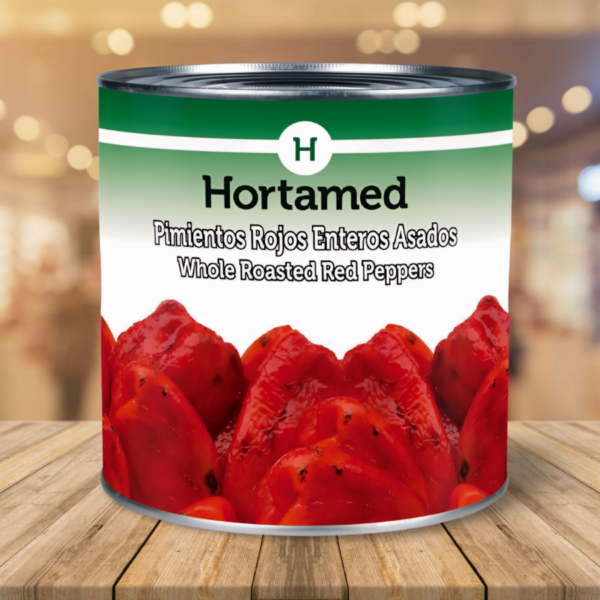 Pimientos Rojos "Hortamed" Enteros Asados 3 Kg Bruto 1.650 Kg Escurrido