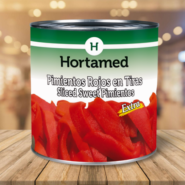 Pimiento Piquillo "Hortamed" Tiras Extra 3 Kg Bruto 1,900 Kg Escurrido